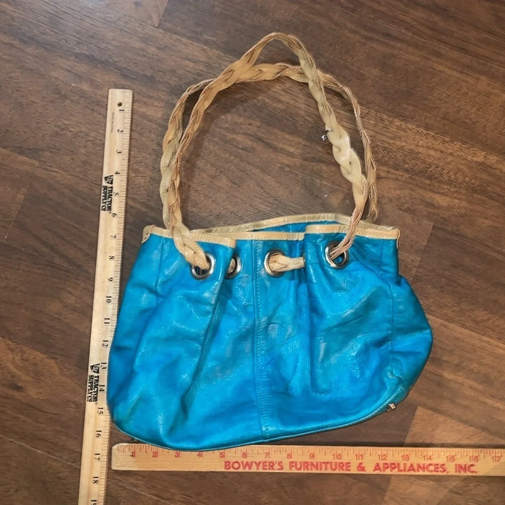 ROBERTA GANDOLFI Aqua Leather Shoulder Handbag Satchel Tote Braided Handles